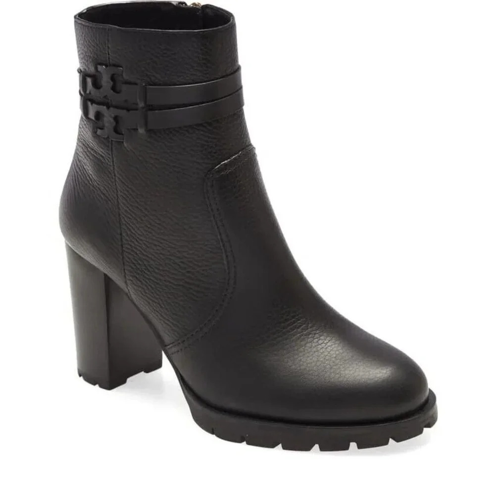Tory Burch Leigh Black Leather Lug Sole With Logo Boots River Rock SZ 7.5 NWOB